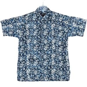 Pete Huntington Bali Men's L Blue Floral Batik Cotton Button Down Shirt Summer